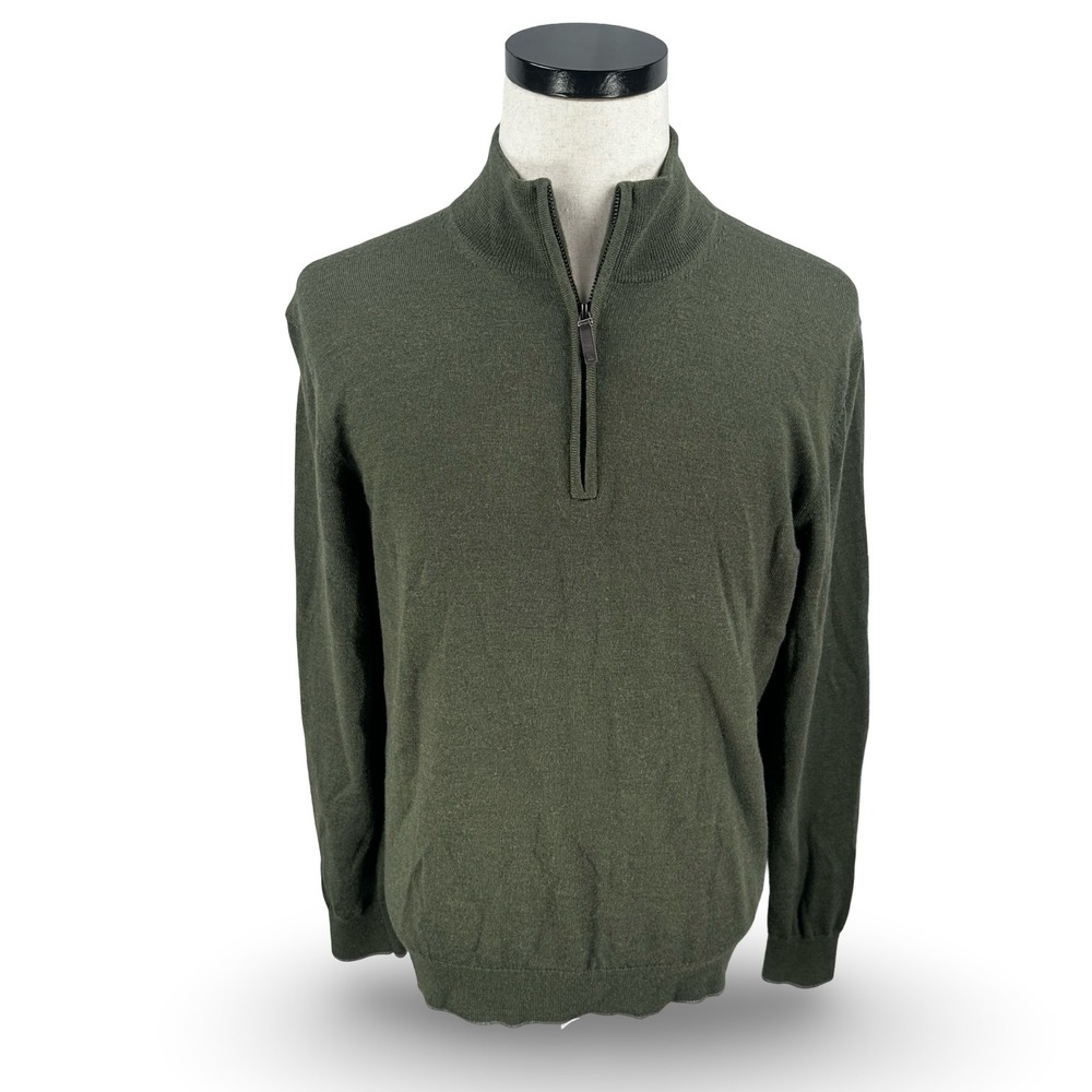 UNTUCKit Mens Large Olive Green 100% Extrafine Merino Wool 1/4 Zip Sweater